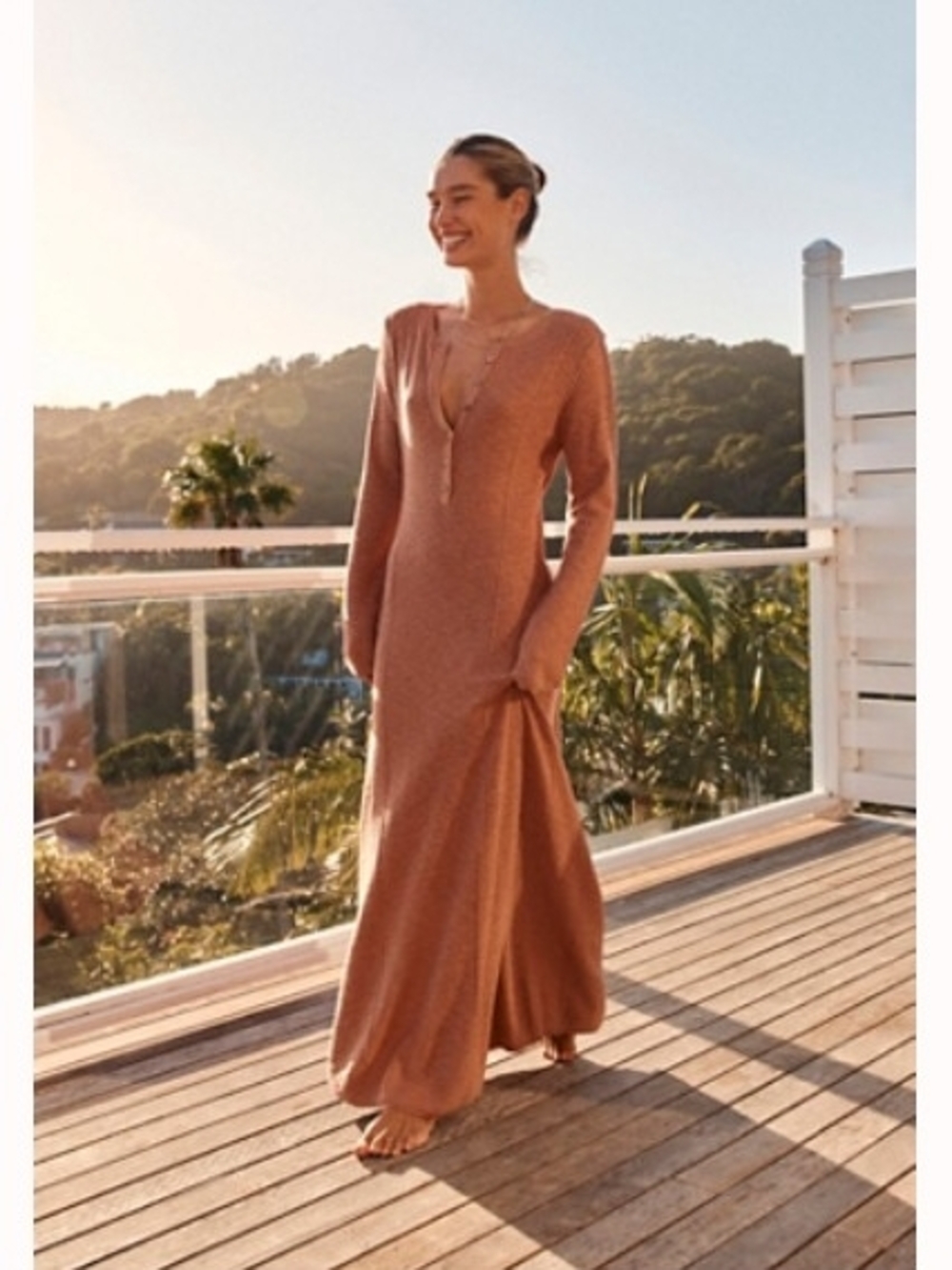 Free People Long Sleeve V-Neck Maxi Dress in Terracotta